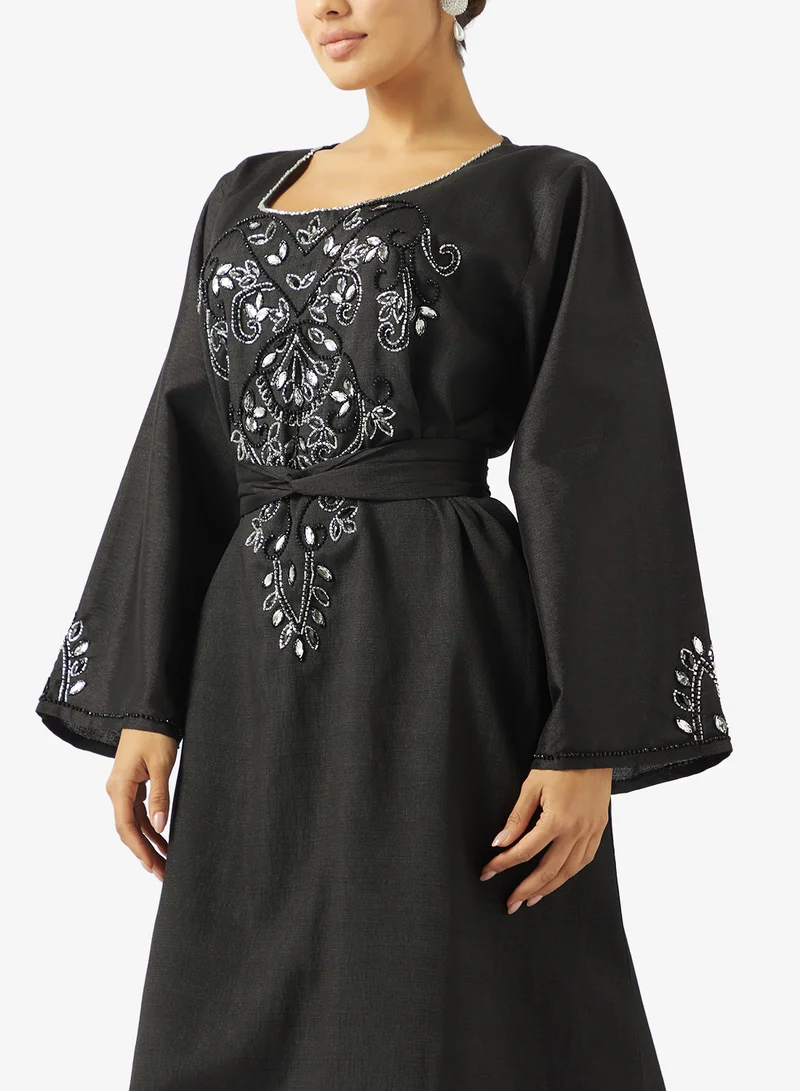 hayas closet  Black Embellished Jalabiya with Belt for Women | Best Price UAE